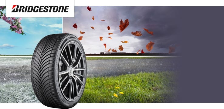 Pneu Bridgestone dans un visuel évoquant les changements de saison