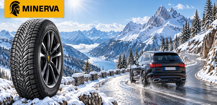 Pneu Minerva AS Master et voiture sur une route de montagne enneigée