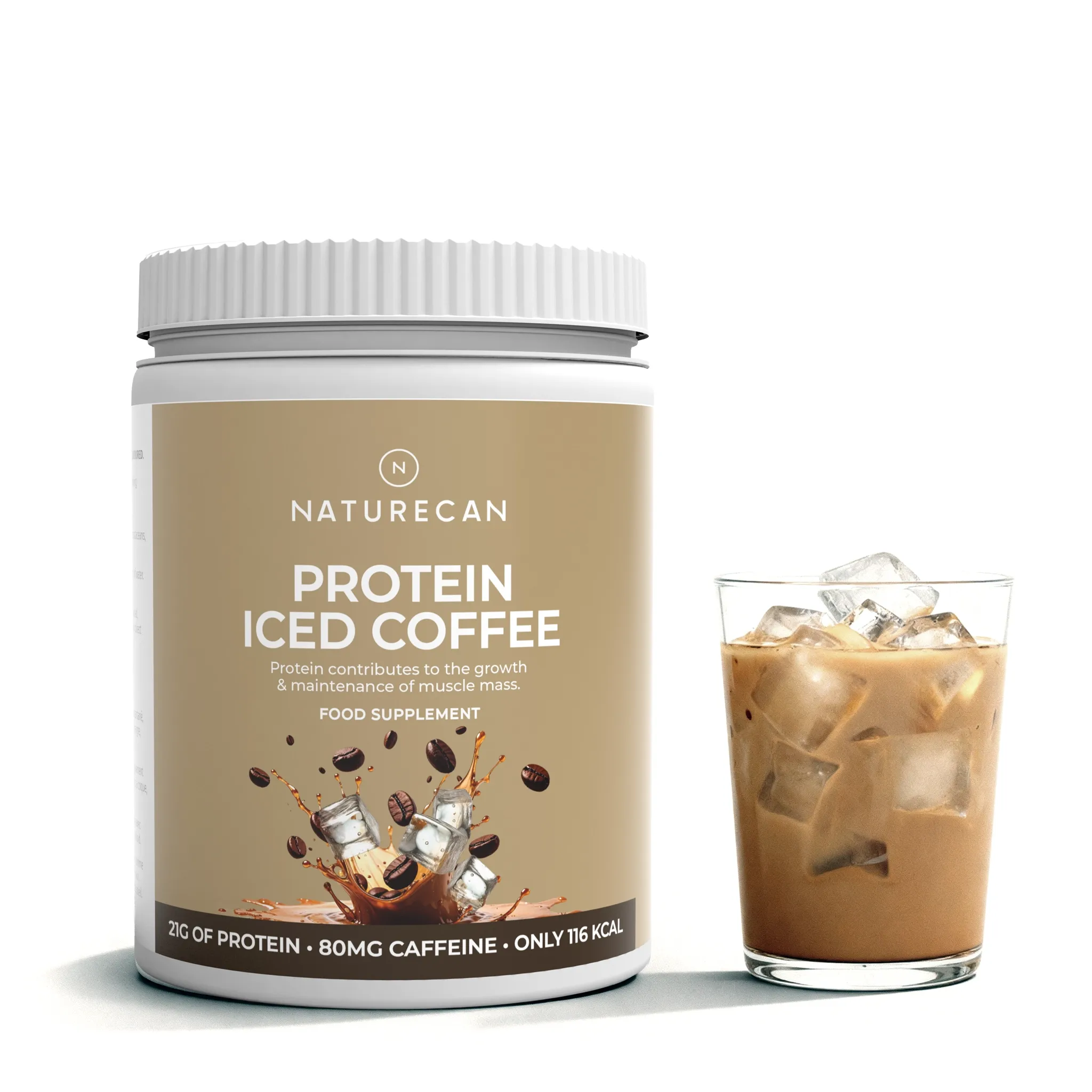 Glass of iced protein coffee beside Naturecan Protein Coffee package