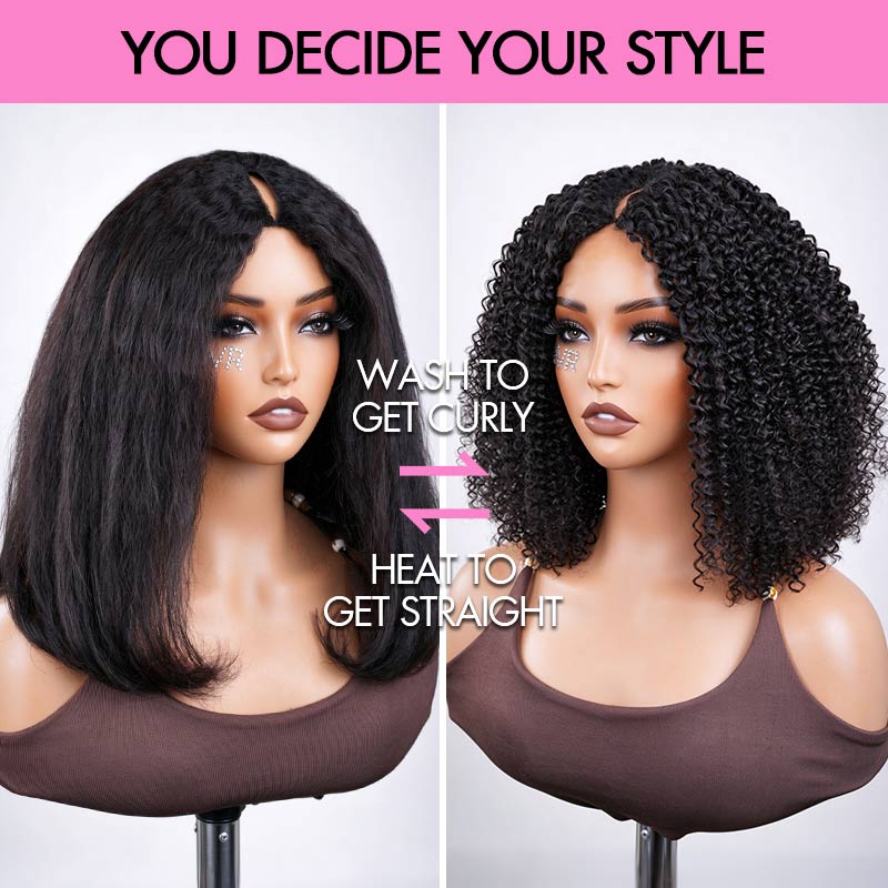 Curly V-part wig worn in a finished hairstyle
